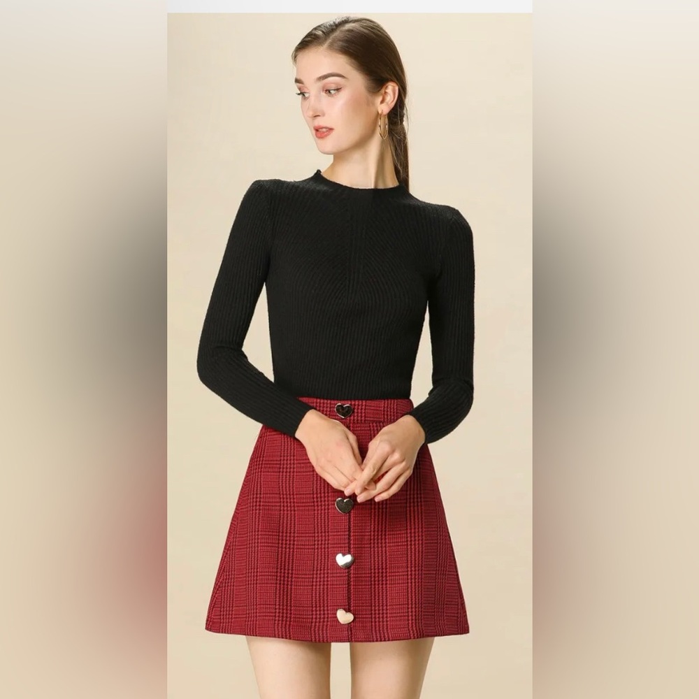 Allegra K Plaid Houndstooth High Waist Check A-Line Mini Skirt (Red)